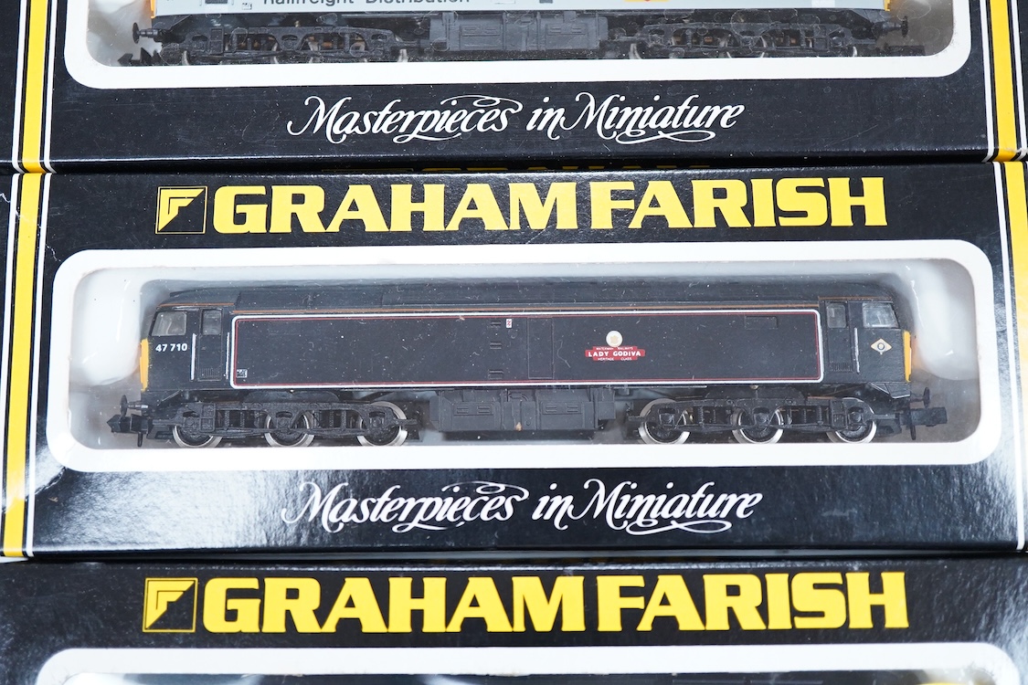 Four boxed Graham Farish N gauge railway Class 47 diesel locomotives; a Waterman Railways Heritage Class, Lady Godiva 47 710 (8022), a Network SouthEast, 47 598 (8024), a Rail Express, 47 594 (8025) and a Railfreight Dis